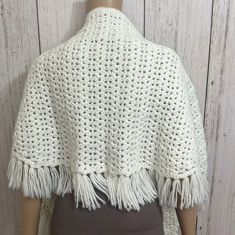 Vintage Shawl Hand Crochet White One Size